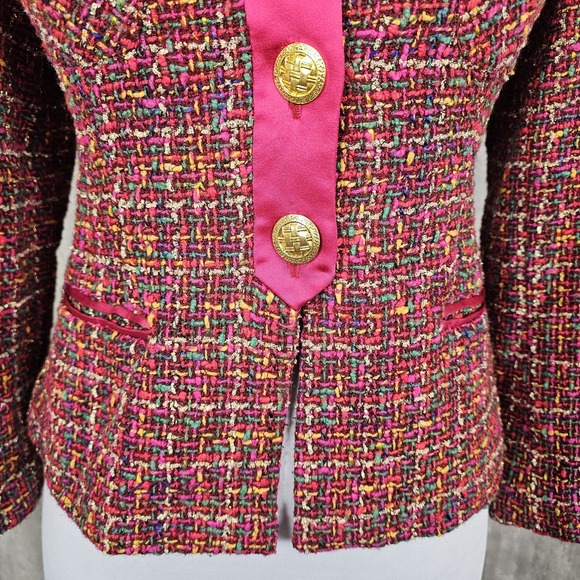 Ruty Paris Made in France Bouclé Tweed Blazer Pink Satin Trim Gold‎ Buttons 44 - Picture 4 of 15